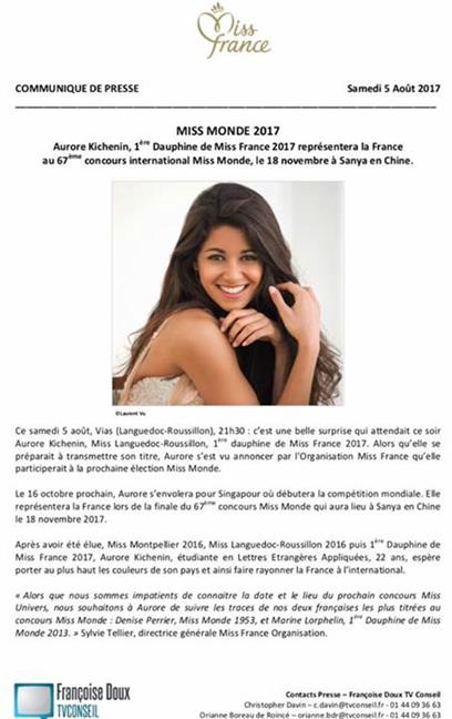 Aurore Kichenin to represent France at Miss World 2017 beauty pageant